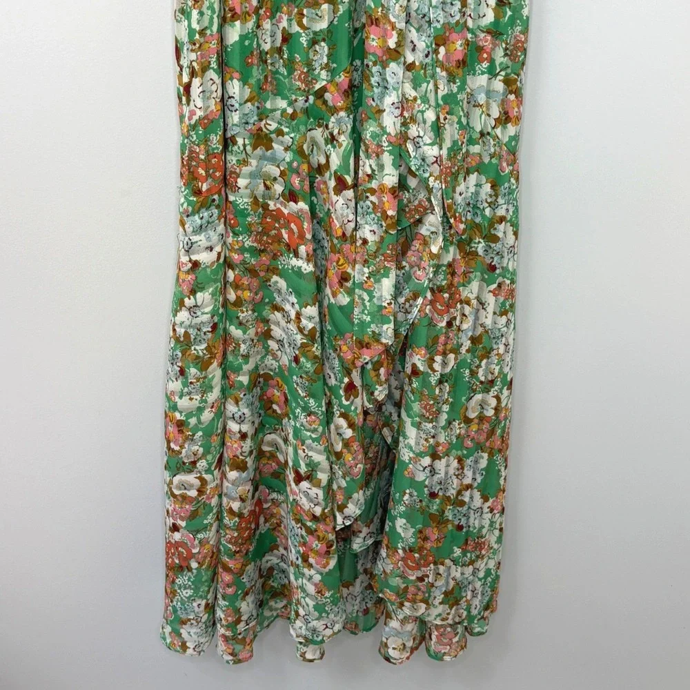 Maison Tara Green Floral Pleated Maxi Dress‎ V-Neck 3/4 Puff Sleeve Belted